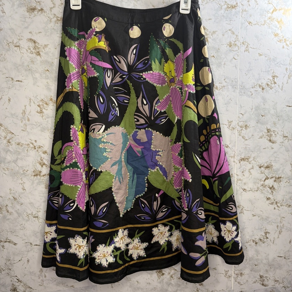Richard Malcom  A Line Skirt Black  Floral Beaded Lined Sz 4